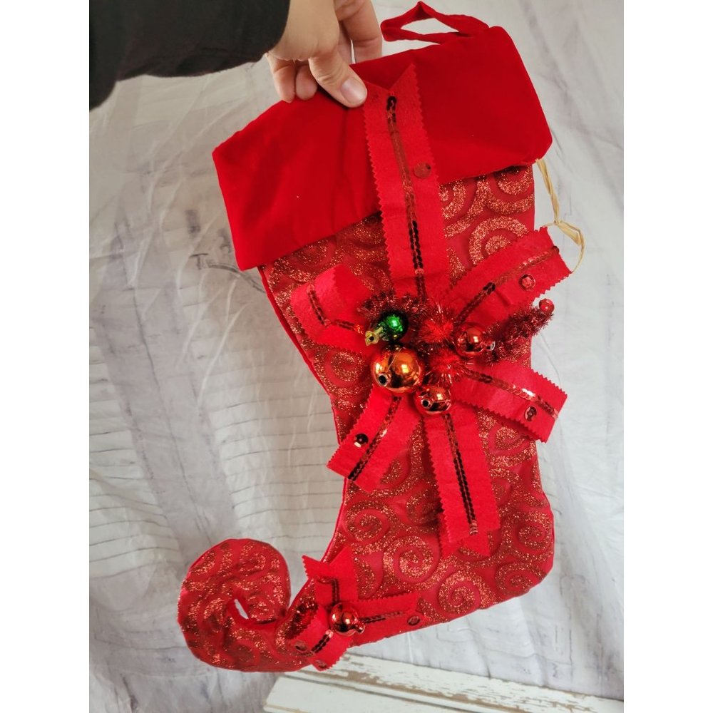 Red sparkle glitter santa stocking ornament bow Xmas tree home decor